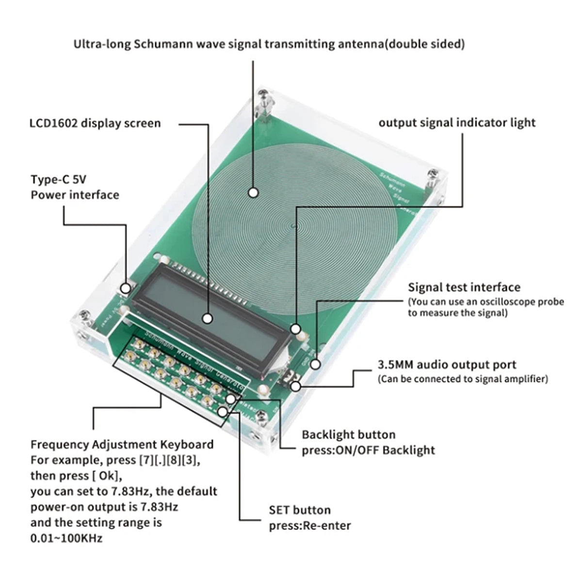 Schumann Frequentiegenerator 7.83Hz – Laagfrequent Sinussignaal met LCD Display voor Onderzoek 0.01-100kHz | Sansoti