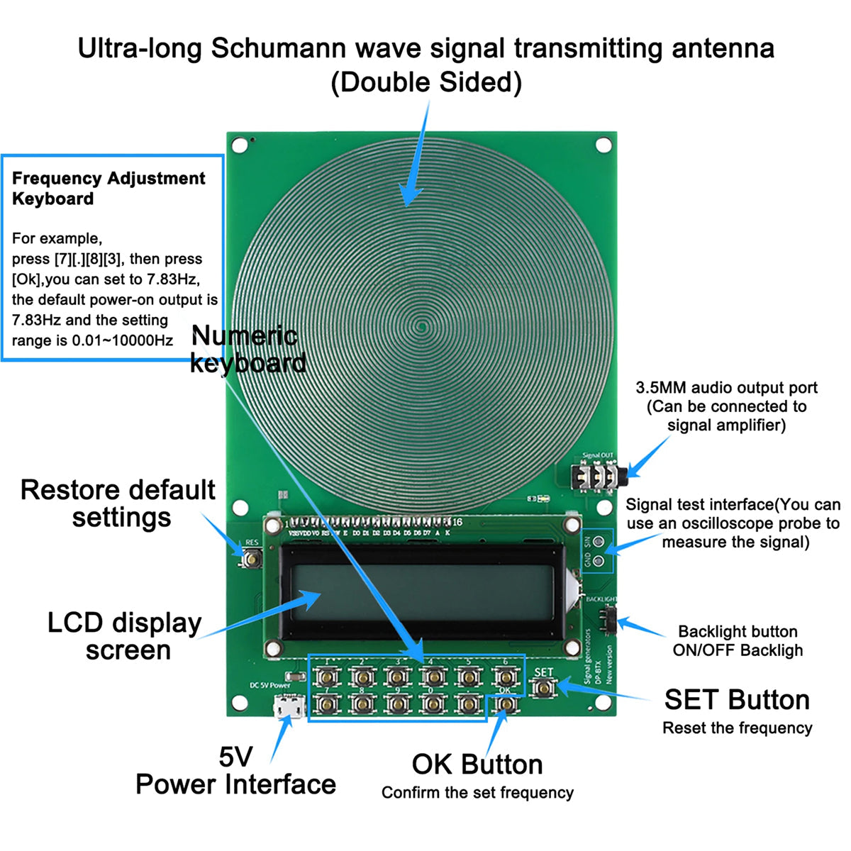 Schumann Frequentiegenerator 7.83Hz – Laagfrequent Sinussignaal met LCD Display voor Onderzoek 0.01-100kHz | Sansoti