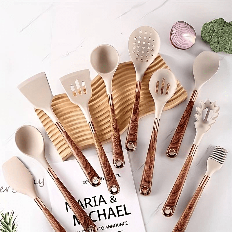 Keukenset Siliconen 10 Delig Hittebestendig Anti-aanbak Kookgerei Set Houten Handvat Keuken Tools Set | Sansoti