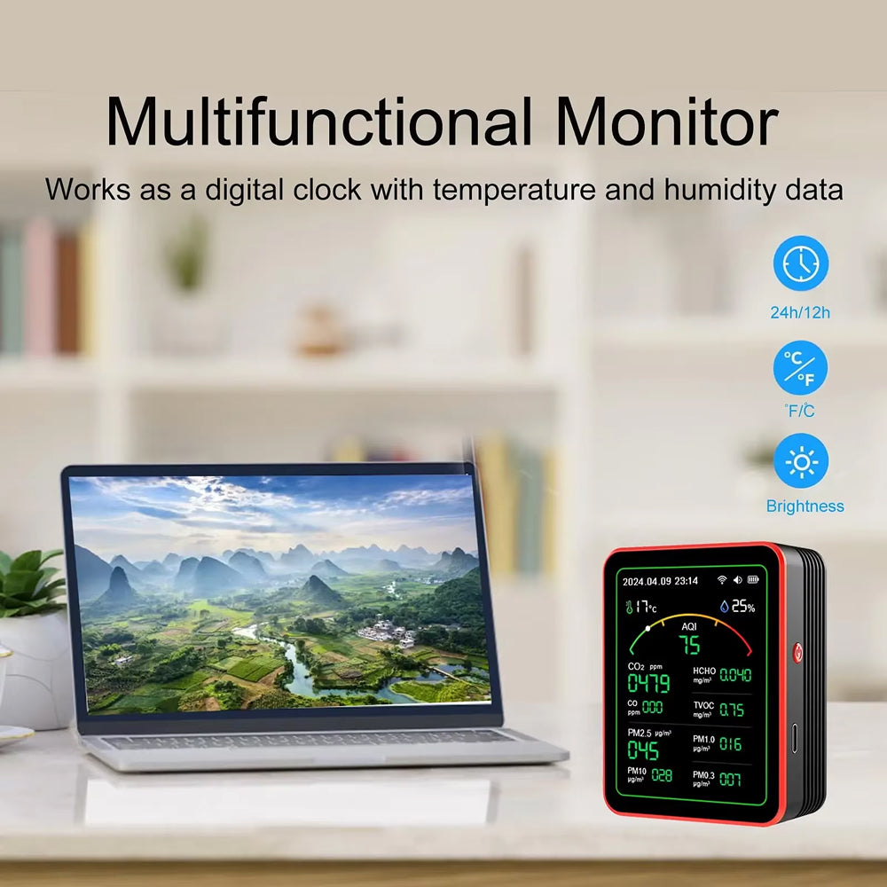 Moniteur de qualité de l’air 15-en-1 avec WiFi, CO2, formaldéhyde et COVT, surveillance des particules fines pour la maison, le bureau et le salon | Sansoti