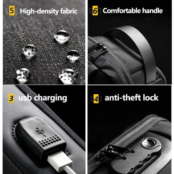 Sac bandoulière avec port de charge USB et serrure à combinaison, déperlant, pour les voyages, le travail et un usage quotidien | Sansoti