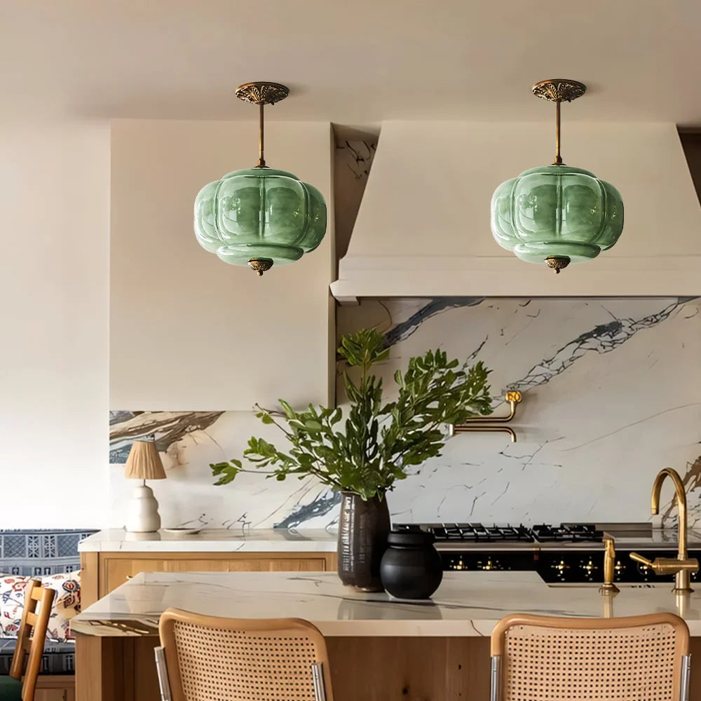 Antique Brass Plafondlamp met Groen Glas Pompoendesign - Elegante Hanglamp voor Eetkamer Keukeneiland Slaapkamer | Sansoti