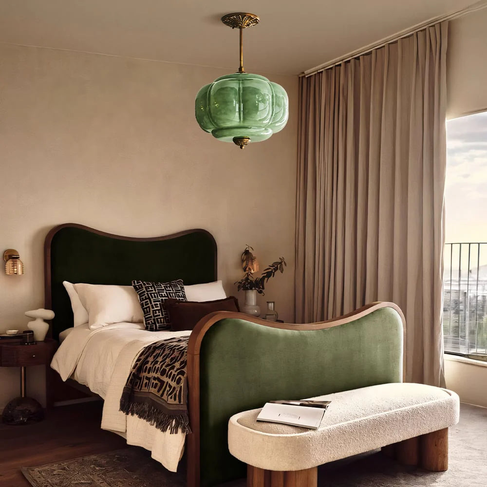 Antique Brass Plafondlamp met Groen Glas Pompoendesign - Elegante Hanglamp voor Eetkamer Keukeneiland Slaapkamer | Sansoti