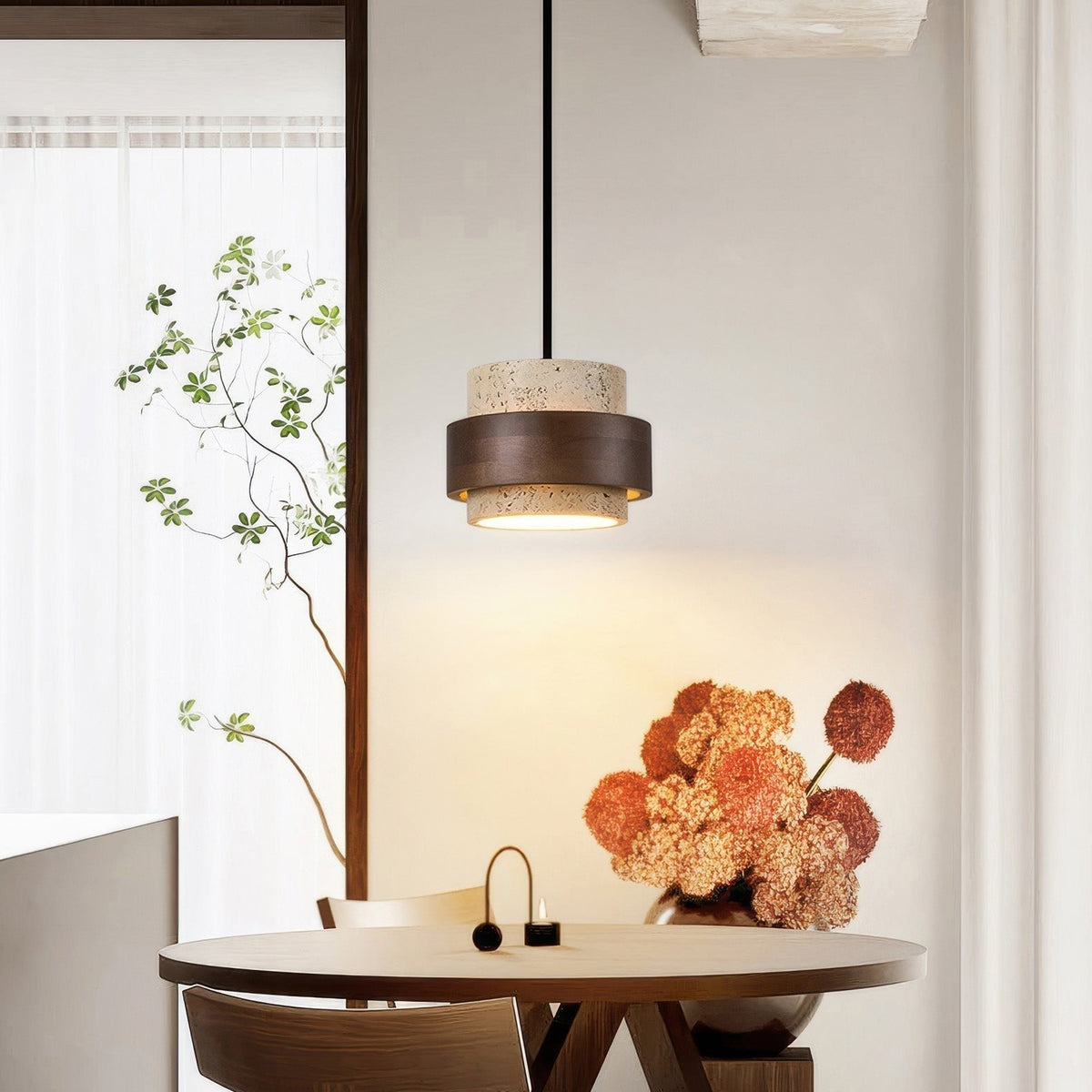Lampa wisząca z kamienia naturalnego i drewna, styl wabi-sabi, regulowana, do jadalni, baru i kuchni, oświetlenie z 1, 2, 3 lub 4 reflektorami LED | Sansoti
