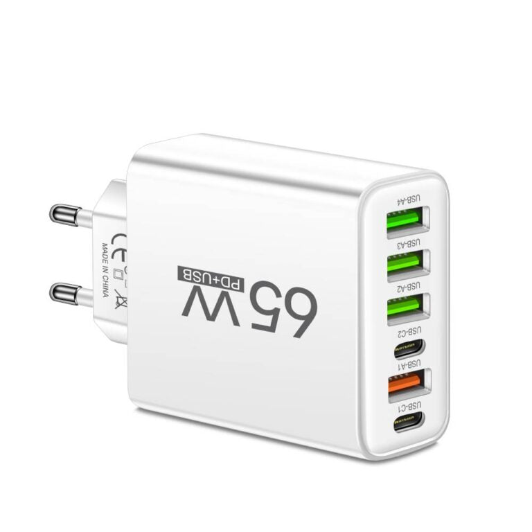 Universele USB Oplader 65W 6 Poorten Zwart Wit Geel Multidevice voor Kantoor Thuis Reis | Sansoti