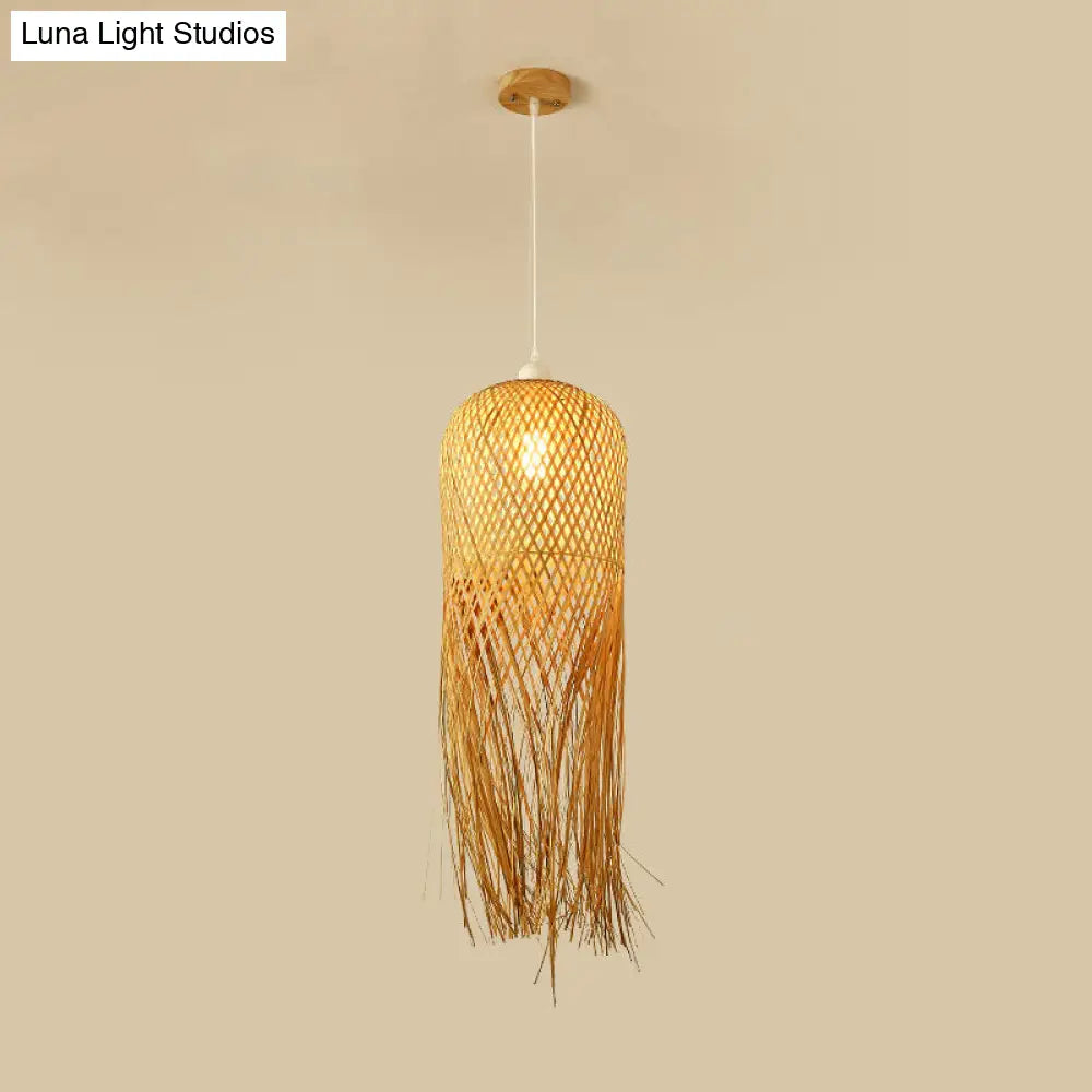 Hanglamp Bamboe Koepel met Franje Detail Natuurlijk Hout Scandinavisch Design Eetkamer Woonkamer E26 E27 | Sansoti