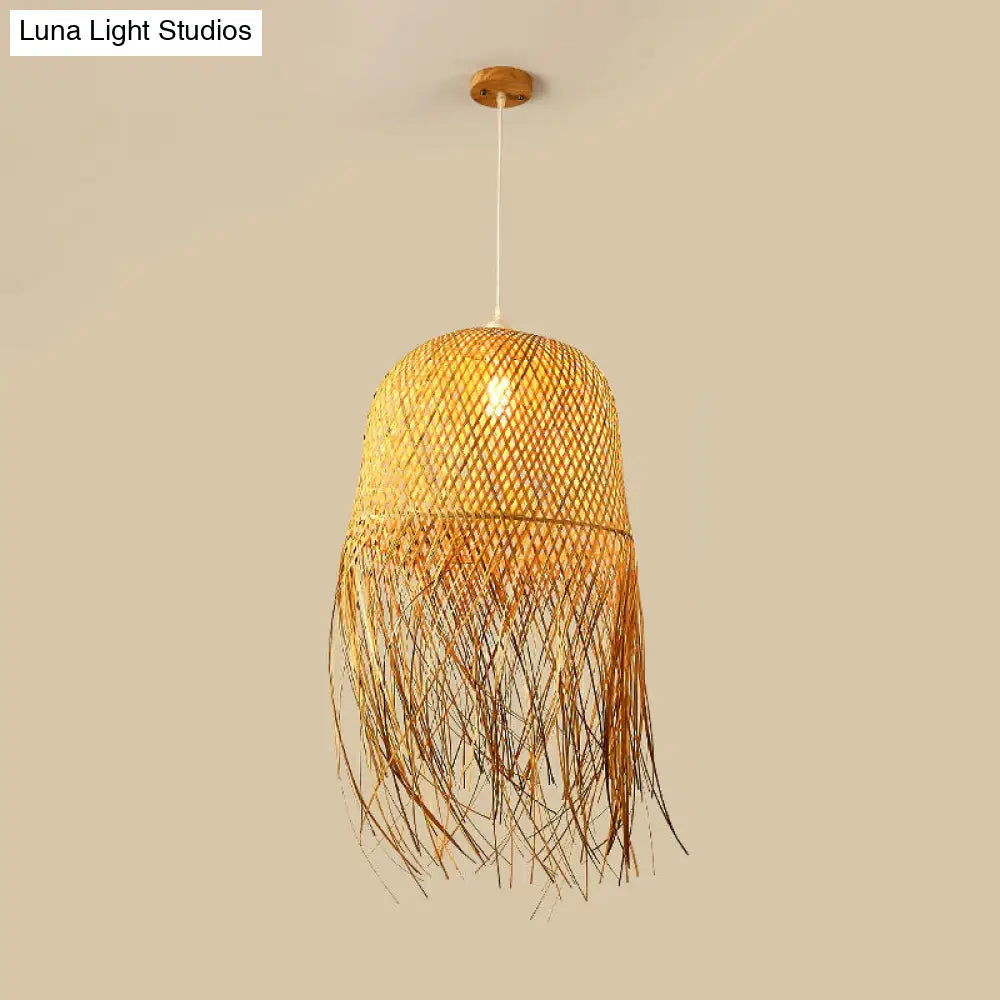 Hanglamp Bamboe Koepel met Franje Detail Natuurlijk Hout Scandinavisch Design Eetkamer Woonkamer E26 E27 | Sansoti