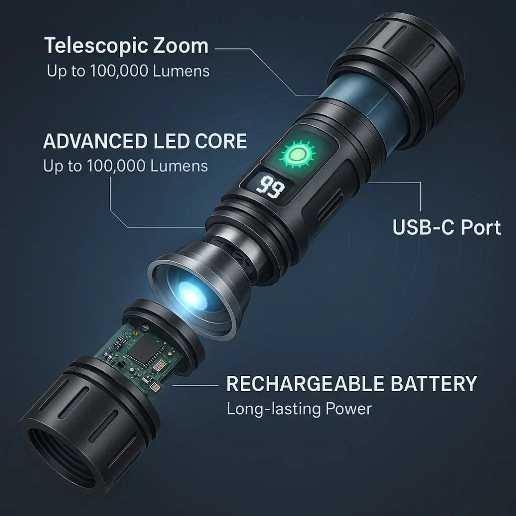 Oplaadbare LED Zaklamp 100000 Lumen Aluminium IPX6 Waterdicht voor Outdoor Camping Wandelen Noodsituaties | Sansoti