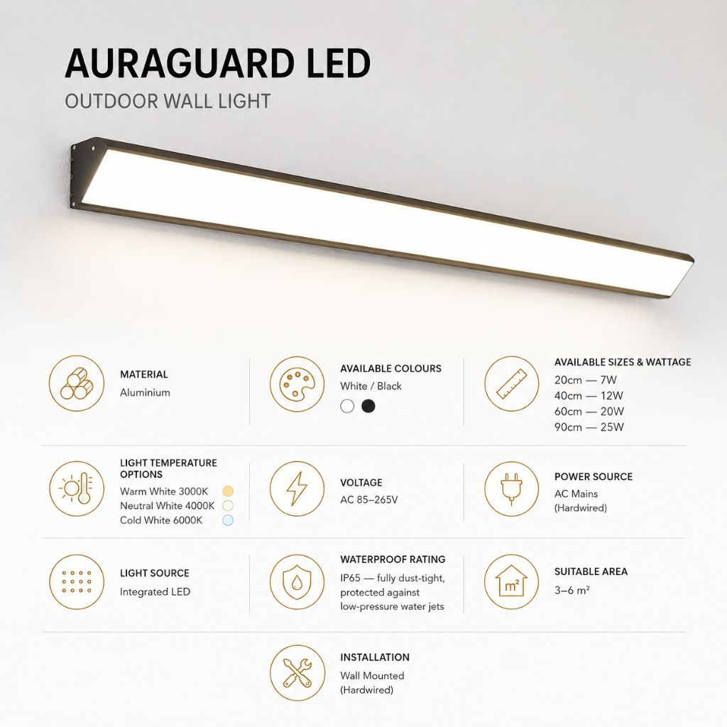 LED-Außenwandleuchte aus Aluminium, wasserdicht, IP65, Schwarz-Weiß, 20–90 cm, warmes, kaltes oder neutrales Licht für Garten und Veranda | Sansoti