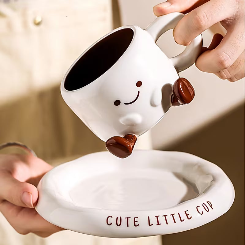 Tasse à Café avec Soucoupe Céramique Peinte à la Main Visage Cartoon Blanc Marron 250ml | Restfield