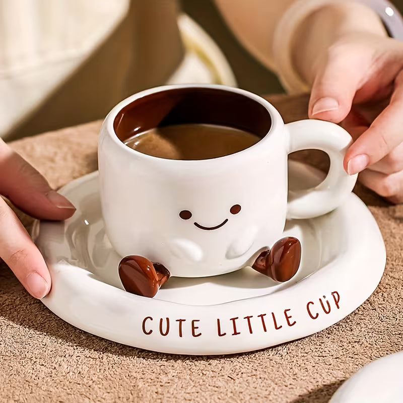 Tasse à Café avec Soucoupe Céramique Peinte à la Main Visage Cartoon Blanc Marron 250ml | Restfield