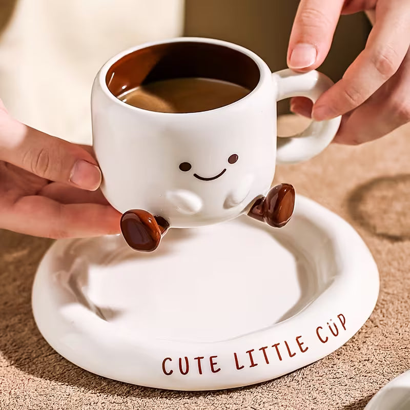 Tasse à Café avec Soucoupe Céramique Peinte à la Main Visage Cartoon Blanc Marron 250ml | Restfield