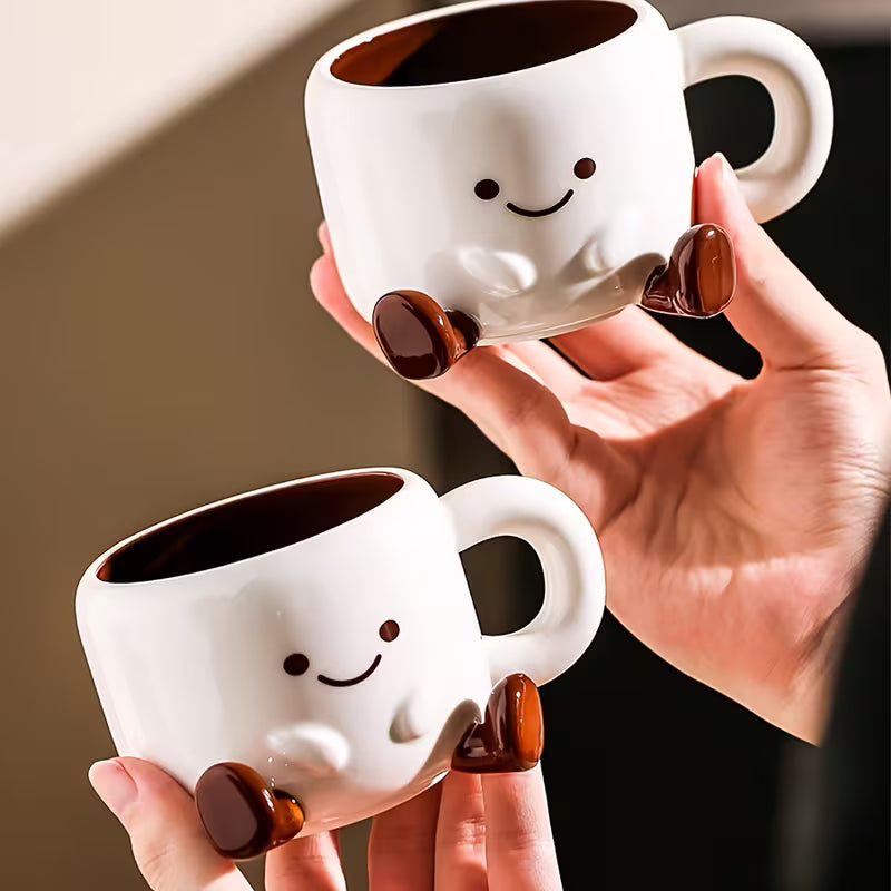 Tasse à Café avec Soucoupe Céramique Peinte à la Main Visage Cartoon Blanc Marron 250ml | Restfield