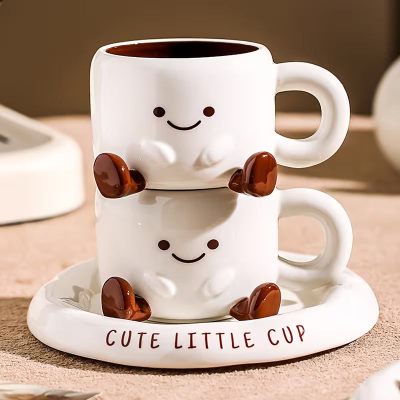 Tasse à Café avec Soucoupe Céramique Peinte à la Main Visage Cartoon Blanc Marron 250ml | Restfield