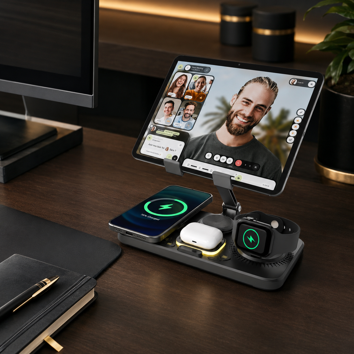 7-in-1 Wireless Charging Station with Adjustable Tablet Holder, Multi-Device Qi Charger, Black White Organizer | Sansoti