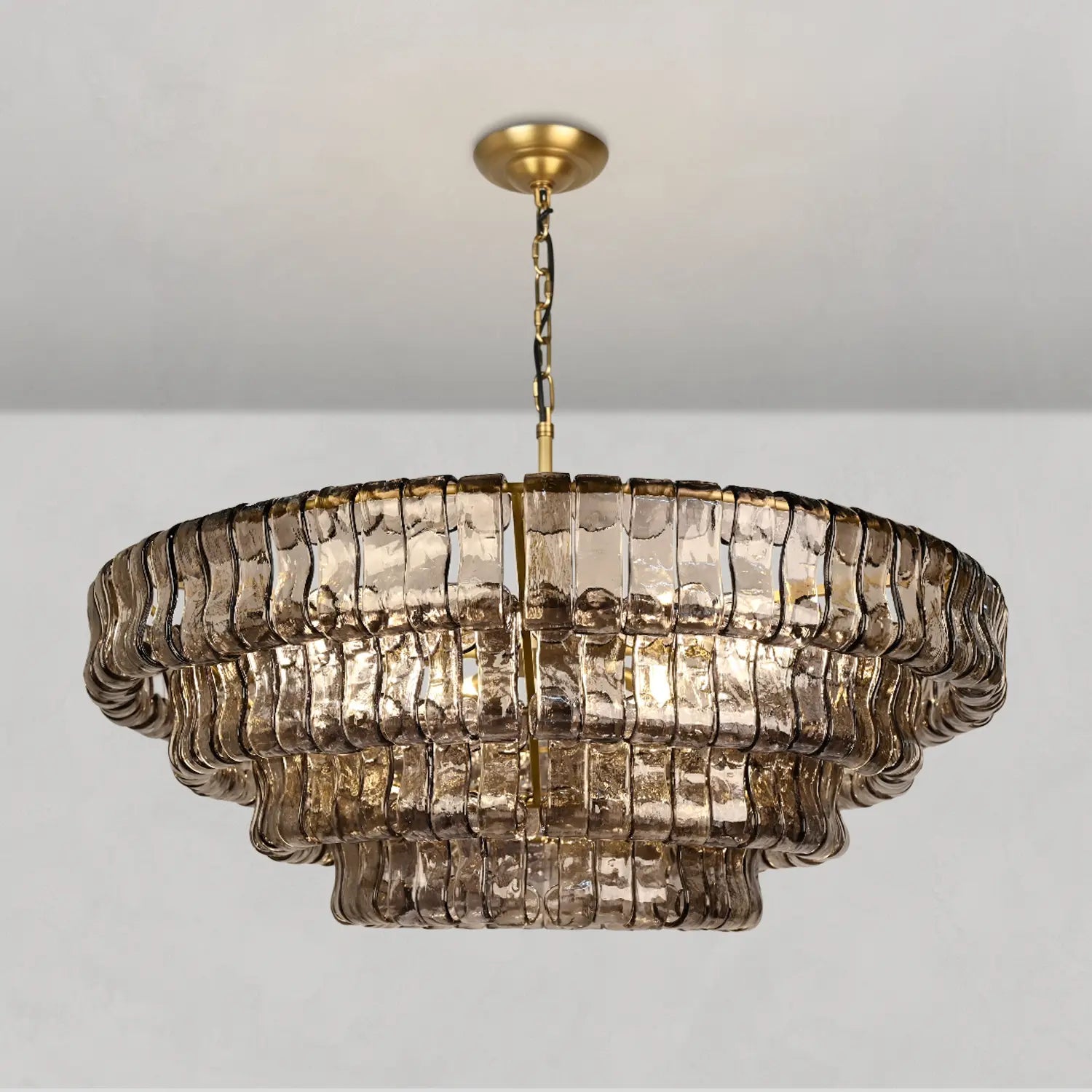 Lustre rond en verre texturé avec structure métallique multicouche À intensité variable et réglable 60-152cm pour salon | Sansoti