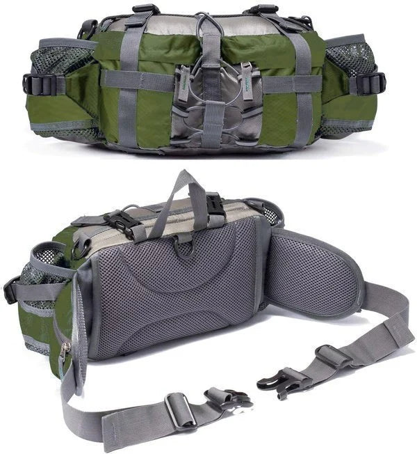 Wasserdichte Outdoor-Gürteltasche mit Flaschenhaltern in Schwarz, Orange, Blau und Grün zum Wandern, Radfahren, Laufen und für Sport | Sansoti