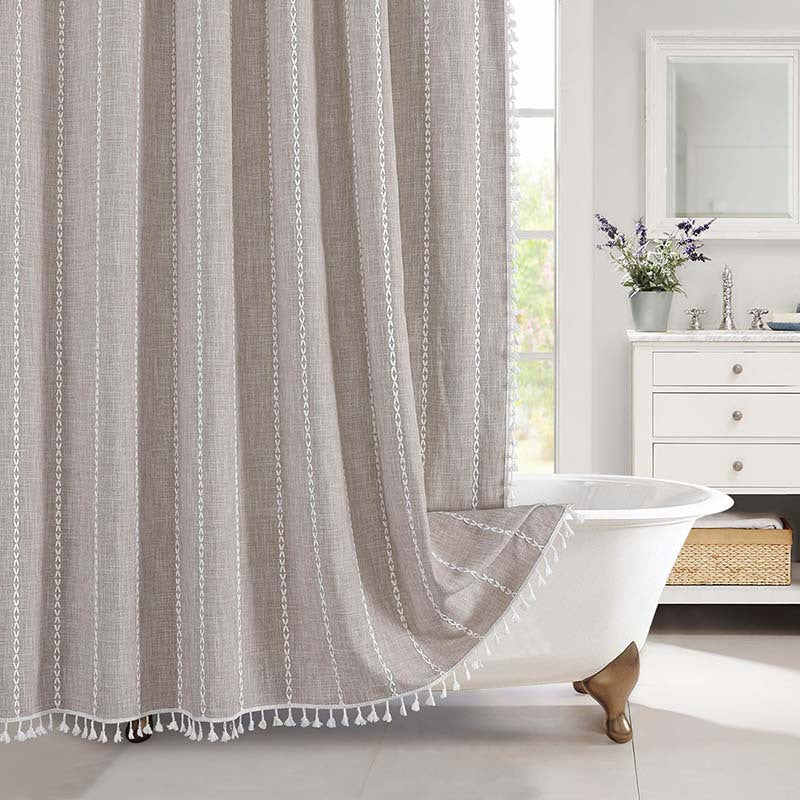 Duschvorhang Leinen Bohemian Wasserdicht Quasten 180x200cm Badezimmer Beige Kariert