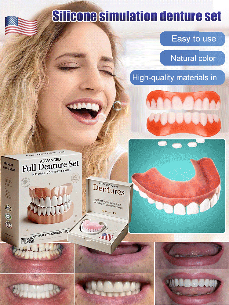 Adjustable cosmetic denture set, upper and lower, moldable, natural white, reusable tooth replacement | Sansoti