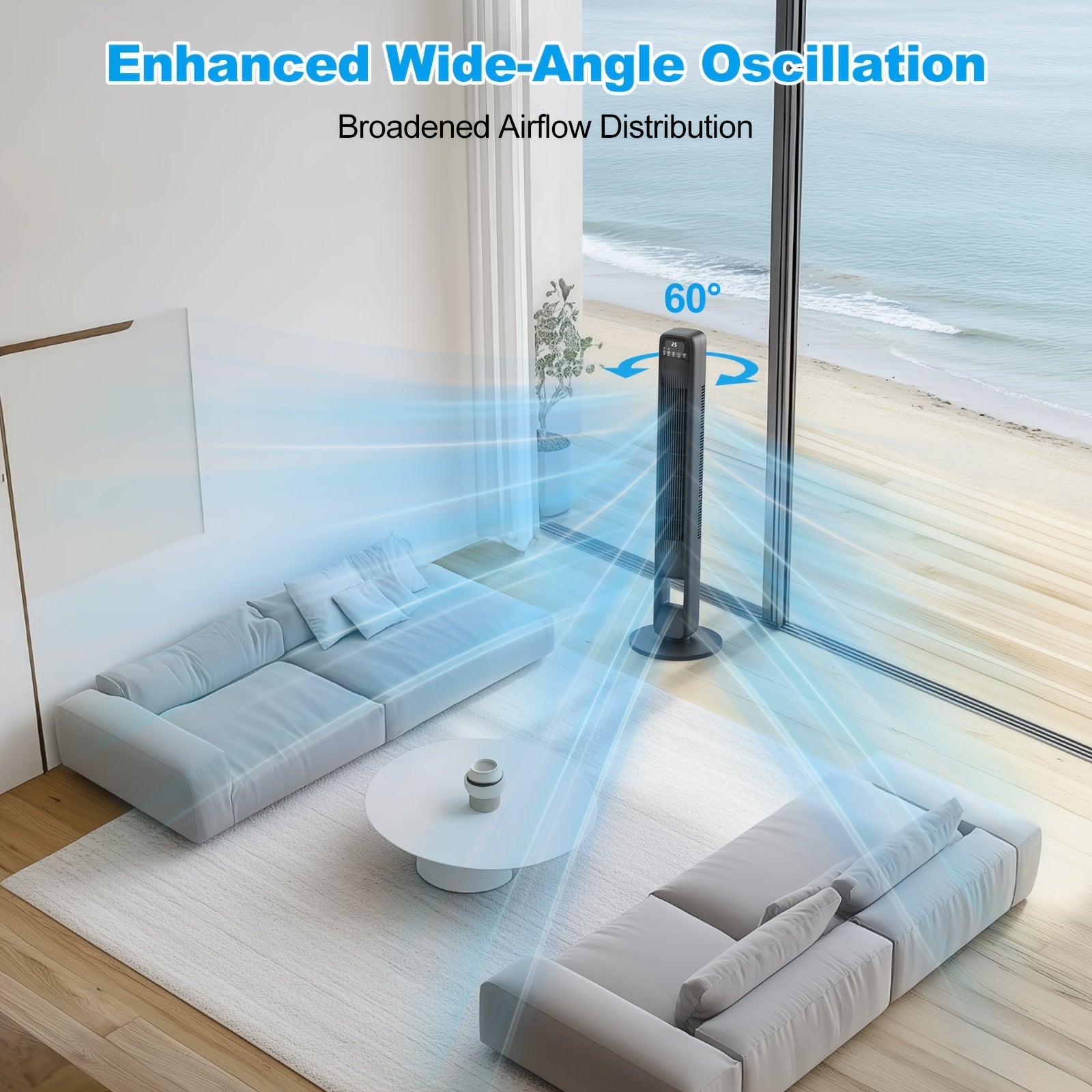 Bladloze Torenventilator 106 cm Zwart Stil 3 Snelheden 12u Timer Oscillerend 60° LED Display Slaapkamer Kantoor Woonkamer | Sansoti