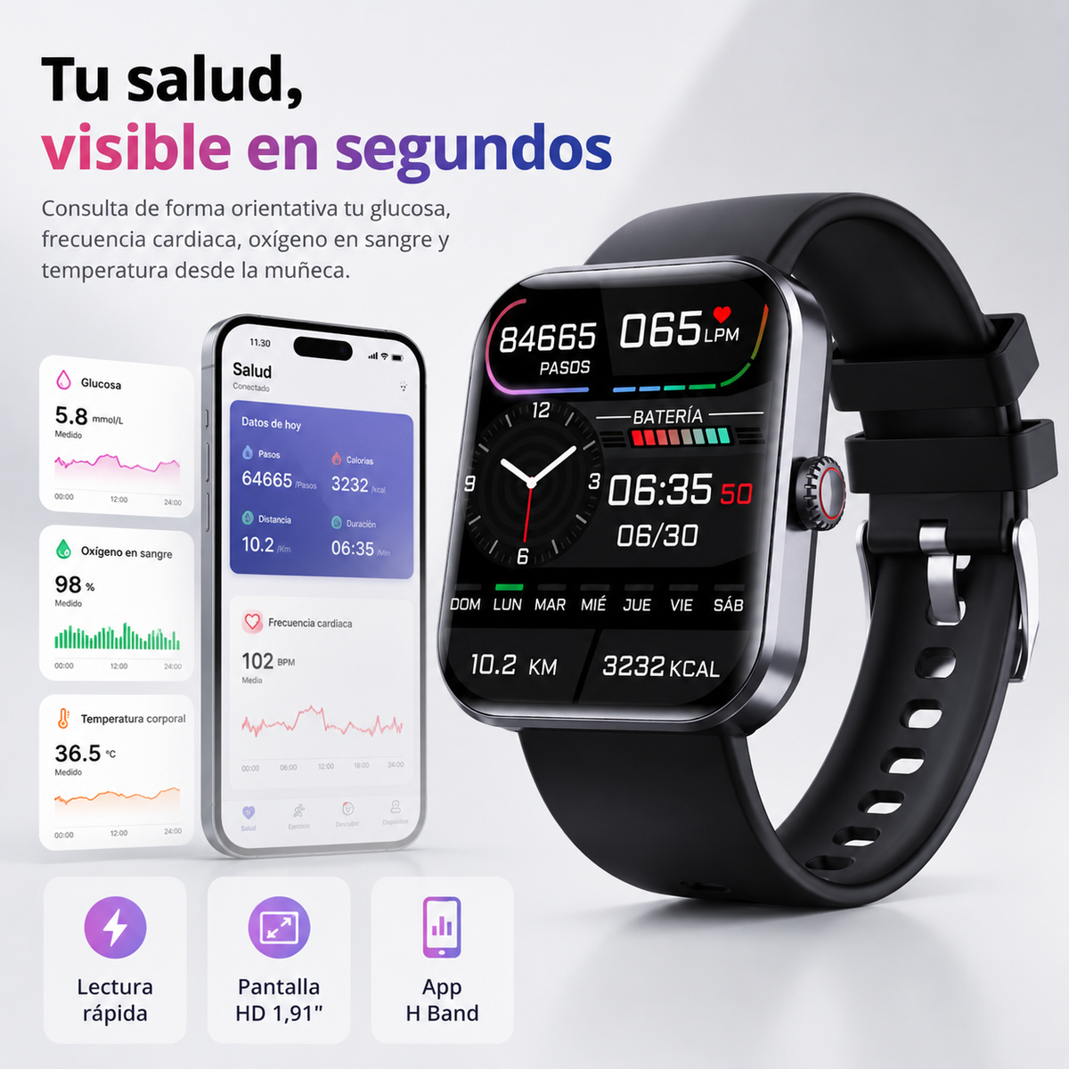 Gesundheitsuhr mit Herzfrequenz-, Blutdruck- und Sauerstoffmessung, Schlaftracker, Sportmodi, iOS, Android und magnetischem Ladegerät | Sansoti