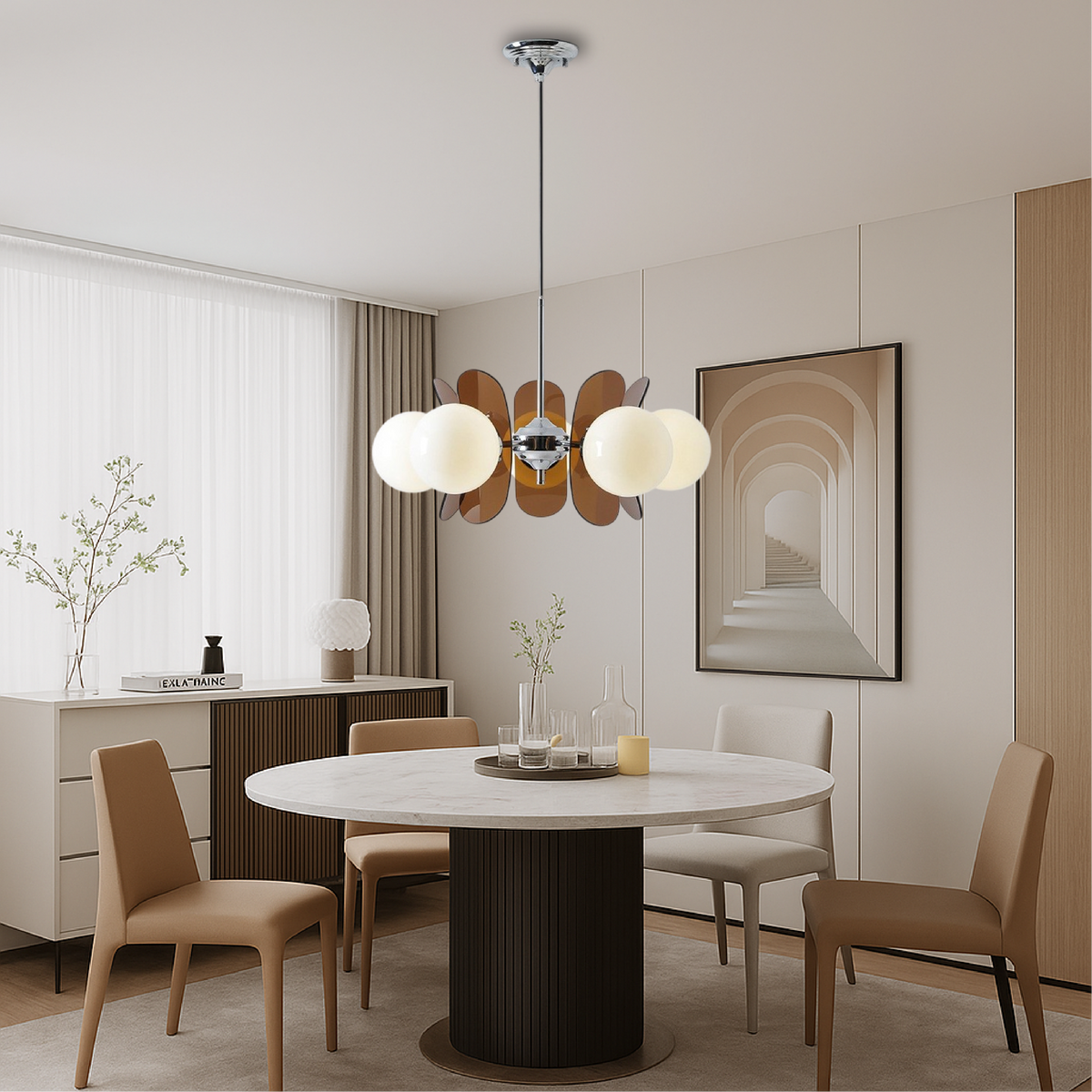 Lustre géométrique avec globes en verre mat, suspension réglable à 5 ou 8 ampoules, blanc chaud, salon | Sansoti