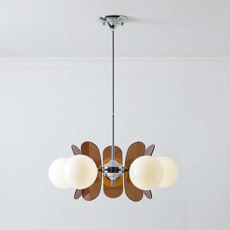 Lustre géométrique avec globes en verre mat, suspension réglable à 5 ou 8 ampoules, blanc chaud, salon | Sansoti