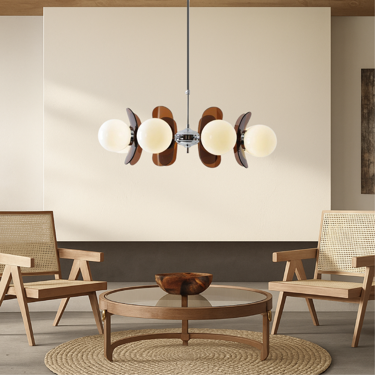 Lustre géométrique avec globes en verre mat, suspension réglable à 5 ou 8 ampoules, blanc chaud, salon | Sansoti
