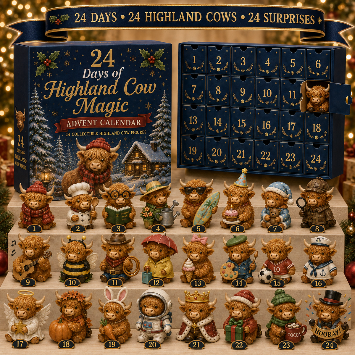 Calendrier de l'Avent avec 24 figurines de vaches Highland, compte à rebours de Noël, décoration, coffret de collection, idée de cadeau festif | Sansoti