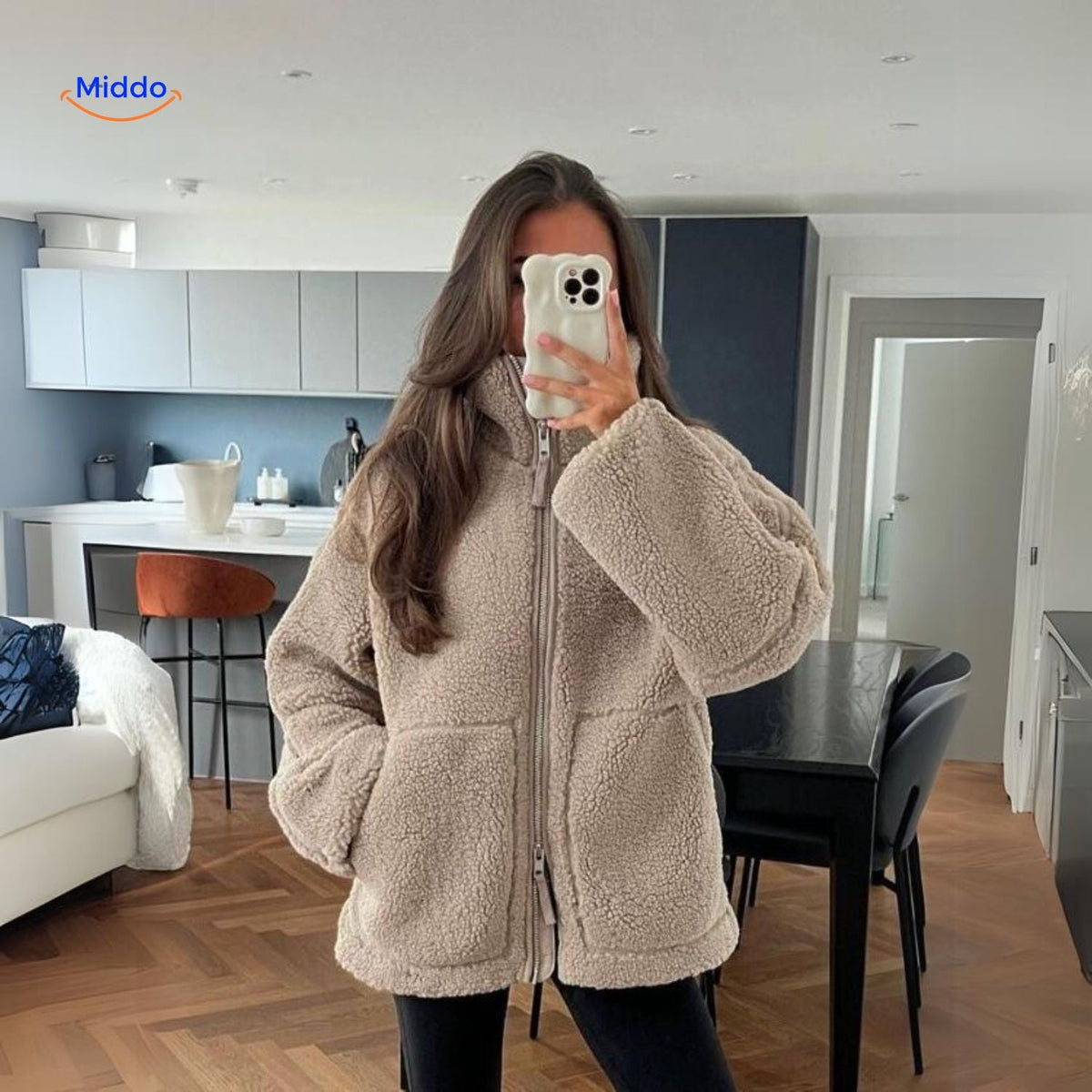 Manteau d’hiver teddy pour femme à col montant - Veste imitation laine d’agneau douce - Beige marron kaki - Modèle chaud pour l’hiver | Sansoti