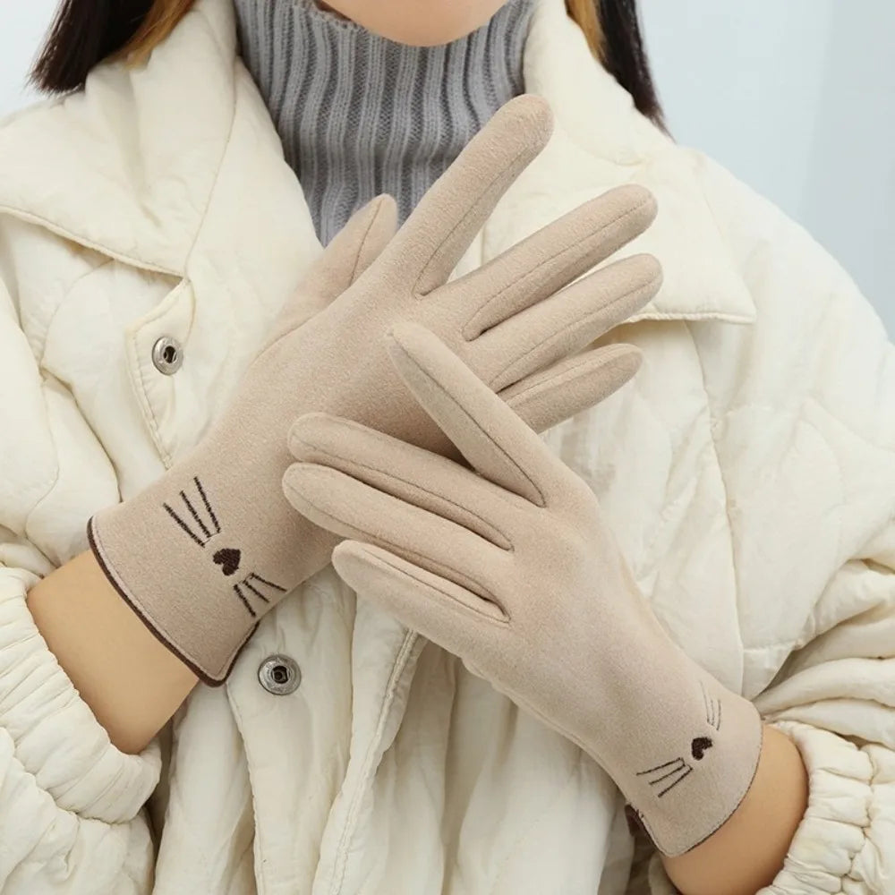 Women's Touchscreen Winter Gloves with Cat Print, Fleece-Lined, Warm Stretch Gloves, Gray Beige | Sansoti