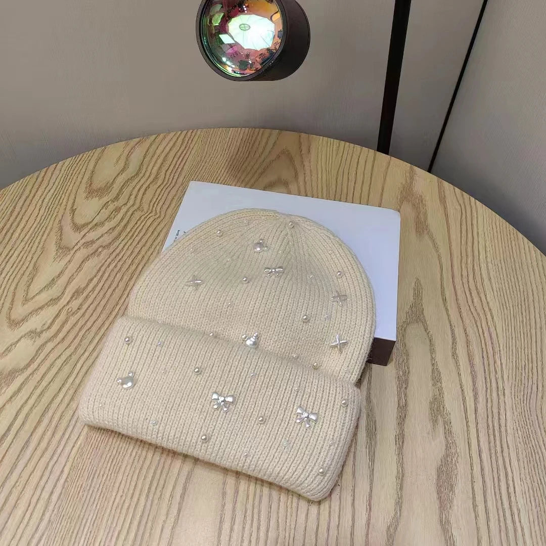 Knitted Winter Hat with Pearl Decoration Wool Felt Women Men Warm Adjustable Cozy Winter Accessory | Sansoti