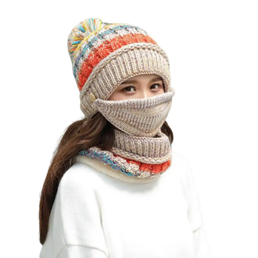 Knitted Hat and Scarf Set with Velvet Lining Removable Face Mask Winter Accessory Warm and Comfortable Women | Sansoti