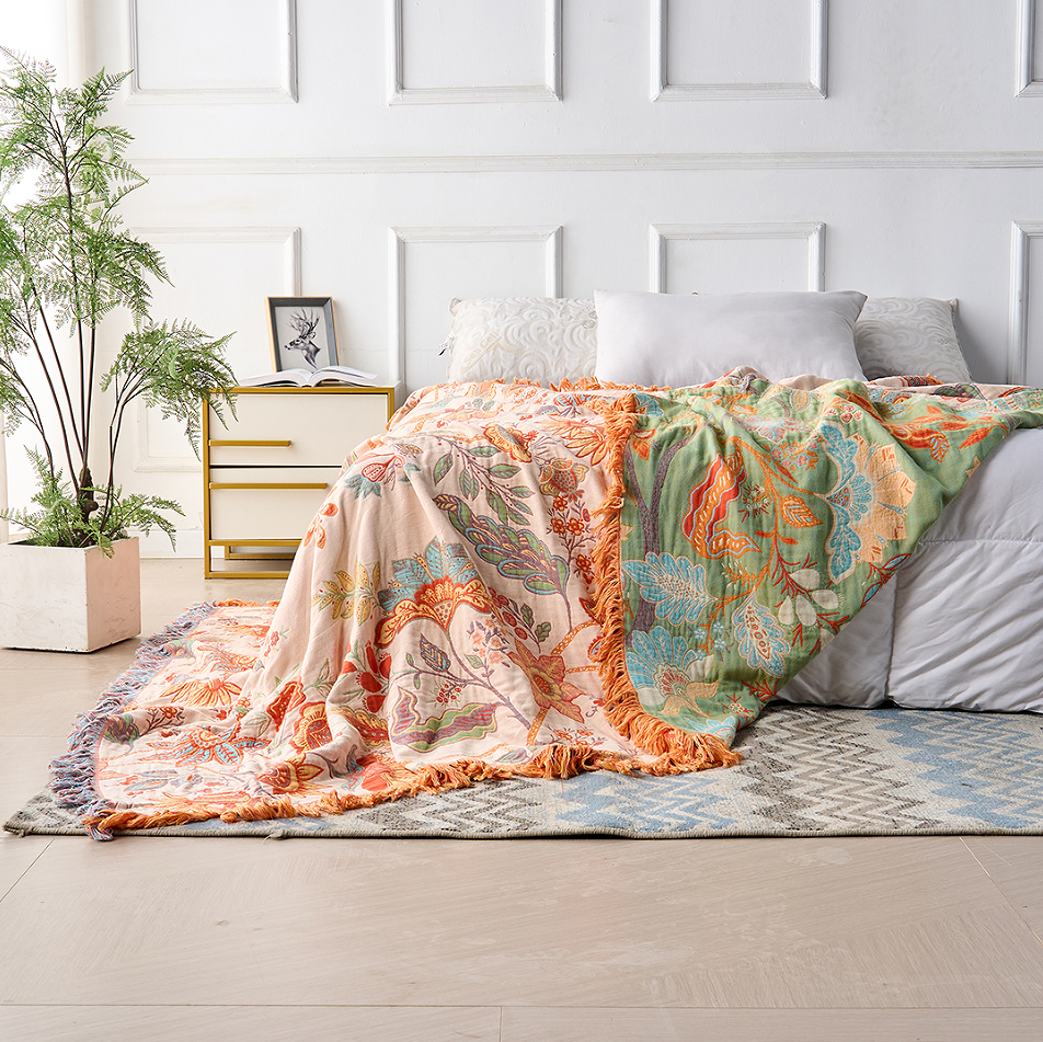 Katoenen Plaid met Boho Bloemenmotief – Oranje en Blauw op Crèmekleurige Ondergrond met Franjes – Decoratieve Sprei voor Bank en Bed | Sansoti