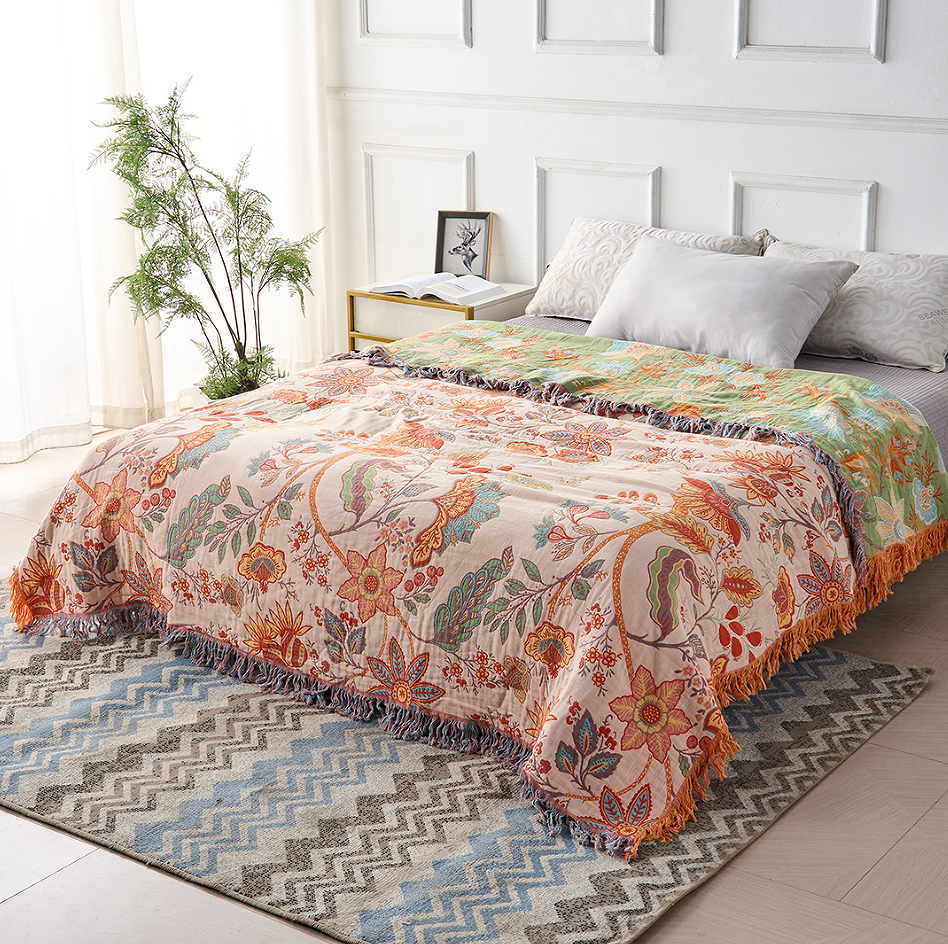 Katoenen Plaid met Boho Bloemenmotief – Oranje en Blauw op Crèmekleurige Ondergrond met Franjes – Decoratieve Sprei voor Bank en Bed | Sansoti