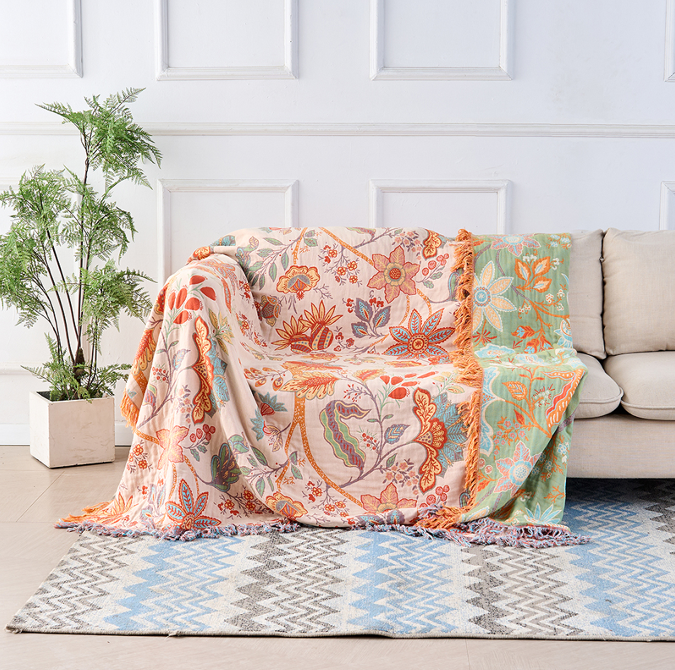 Katoenen Plaid met Boho Bloemenmotief – Oranje en Blauw op Crèmekleurige Ondergrond met Franjes – Decoratieve Sprei voor Bank en Bed | Sansoti