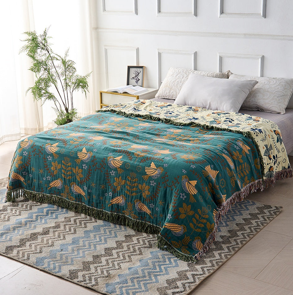 Wendbare Katoenen Plaid met Vogels en Bloemen – Botanisch Scandinavisch Design voor Bank en Bed | Sansoti