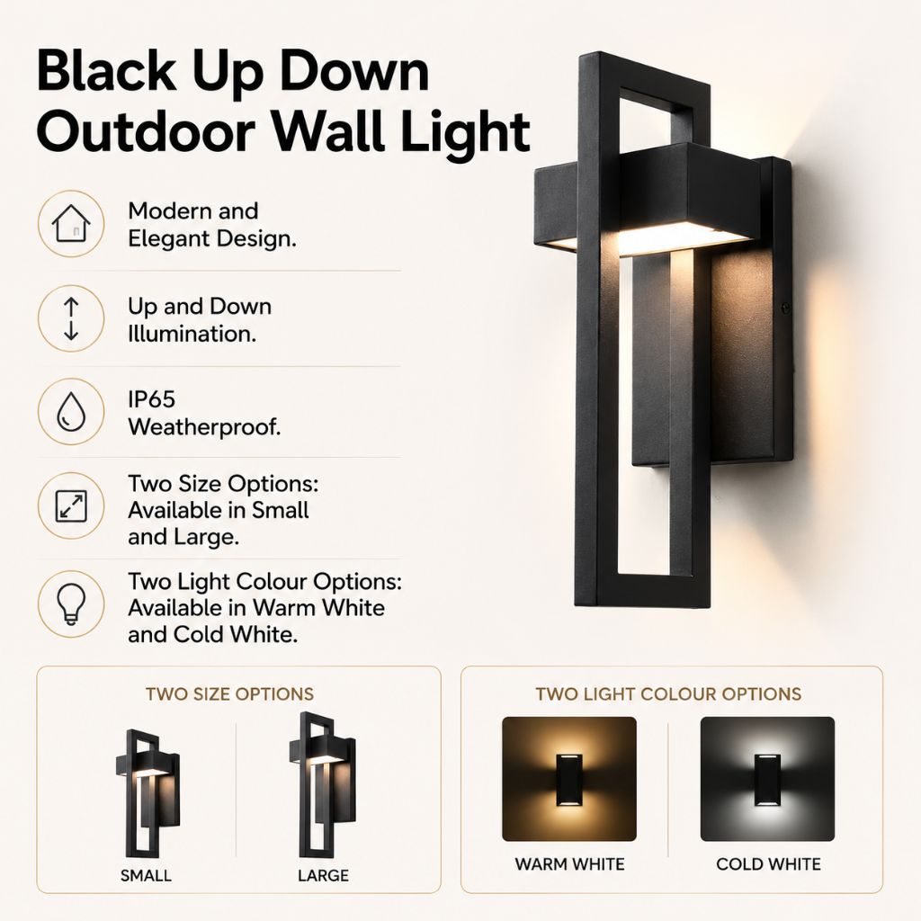 Schwarze Außenwandleuchte Up-Down-Beleuchtung IP65 wasserdicht für Garten, Terrasse und Balkon, Stahl, Glas, E27, 2 Größen | Sansoti