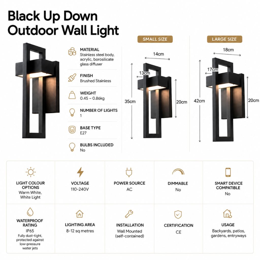 Schwarze Außenwandleuchte Up-Down-Beleuchtung IP65 wasserdicht für Garten, Terrasse und Balkon, Stahl, Glas, E27, 2 Größen | Sansoti