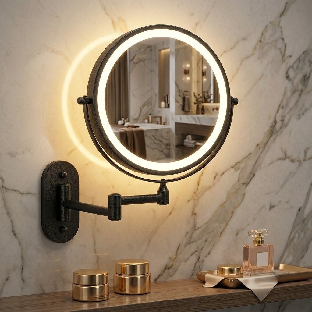 Ładowane lustro LED do makijażu, czarne, 20 cm, regulowane ramię, obrót o 360°, montaż na ścianie, sterowanie dotykowe, łazienka | Sansoti