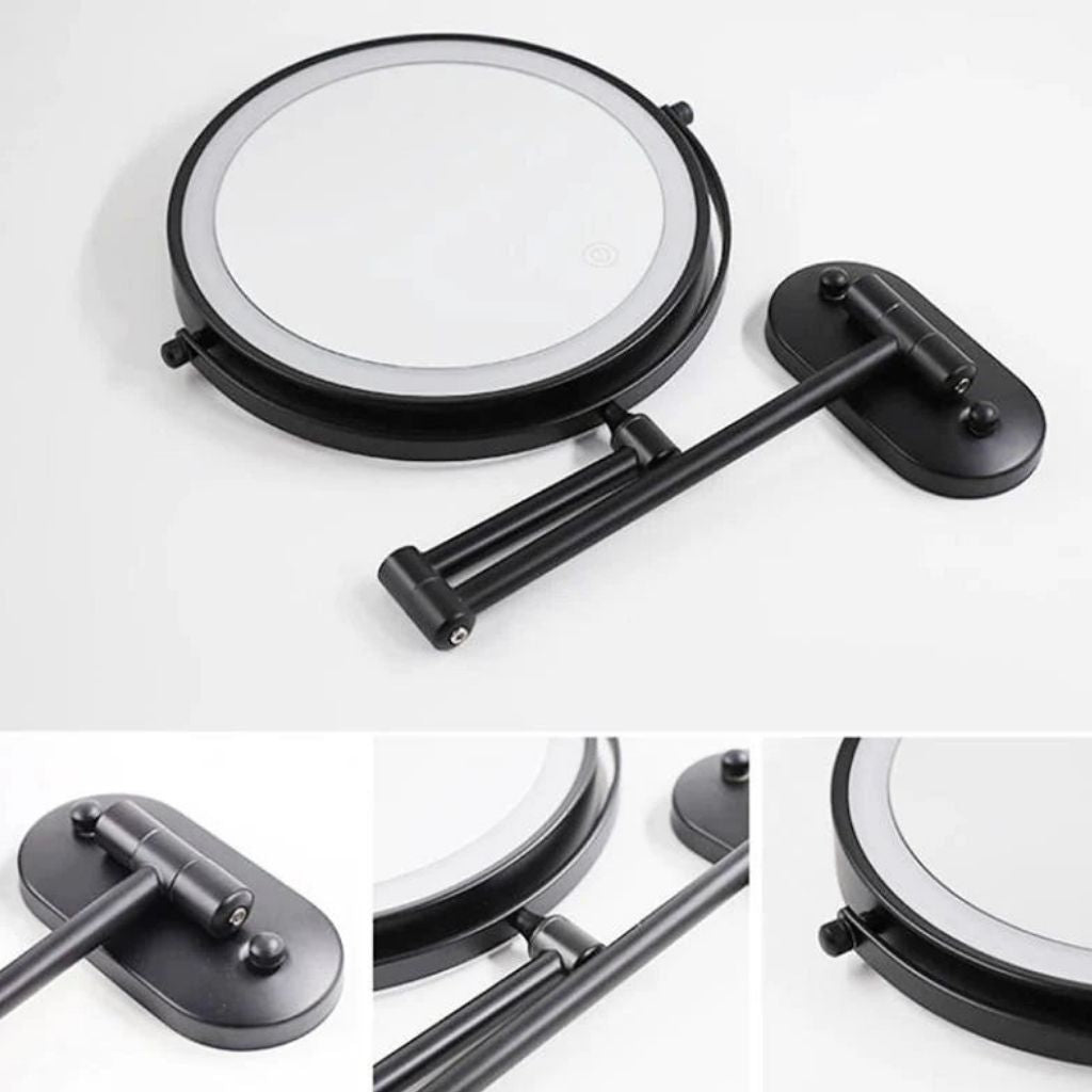 Ładowane lustro LED do makijażu, czarne, 20 cm, regulowane ramię, obrót o 360°, montaż na ścianie, sterowanie dotykowe, łazienka | Sansoti