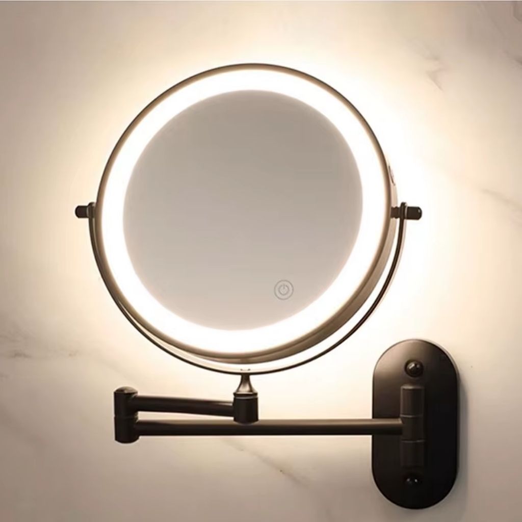 Ładowane lustro LED do makijażu, czarne, 20 cm, regulowane ramię, obrót o 360°, montaż na ścianie, sterowanie dotykowe, łazienka | Sansoti