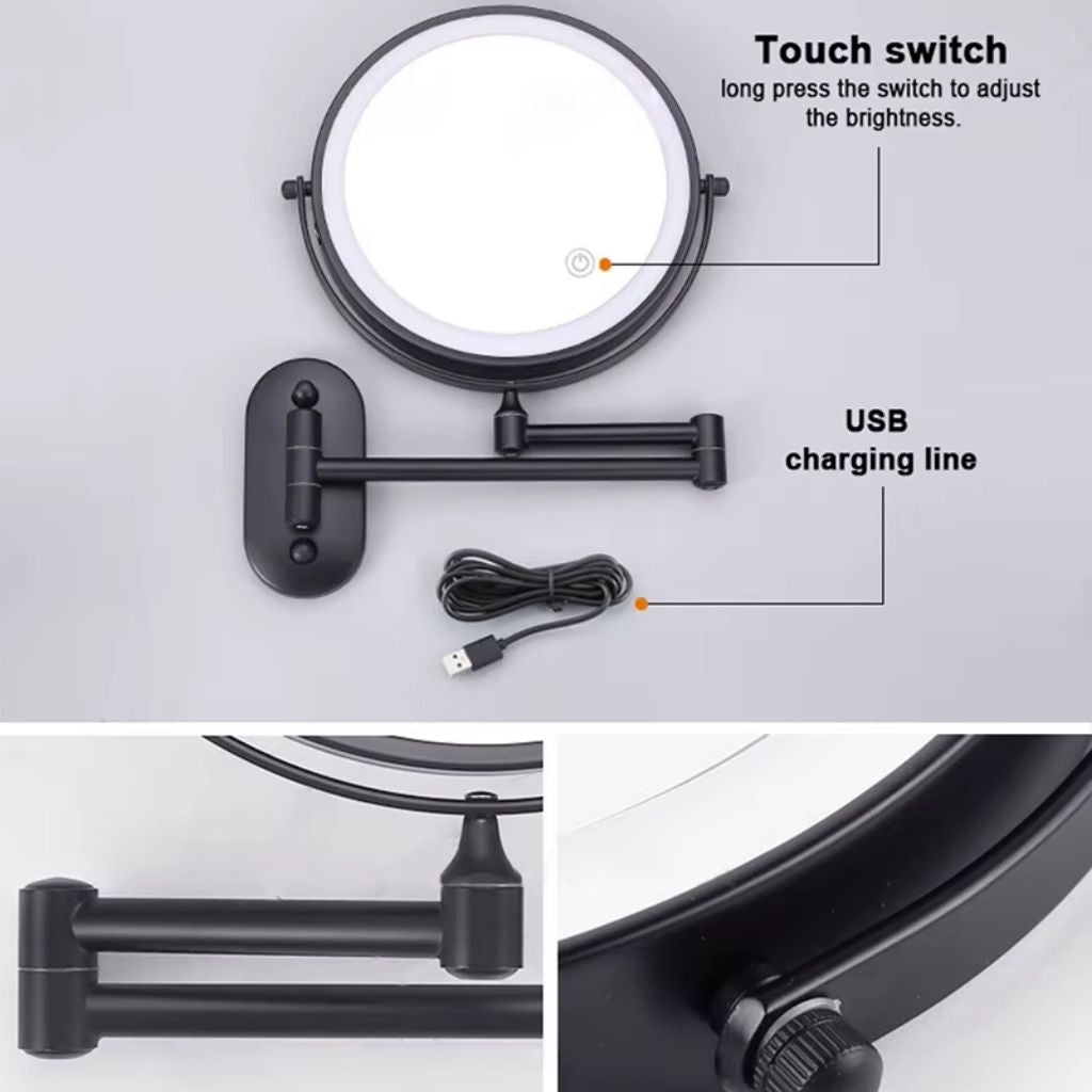 Ładowane lustro LED do makijażu, czarne, 20 cm, regulowane ramię, obrót o 360°, montaż na ścianie, sterowanie dotykowe, łazienka | Sansoti