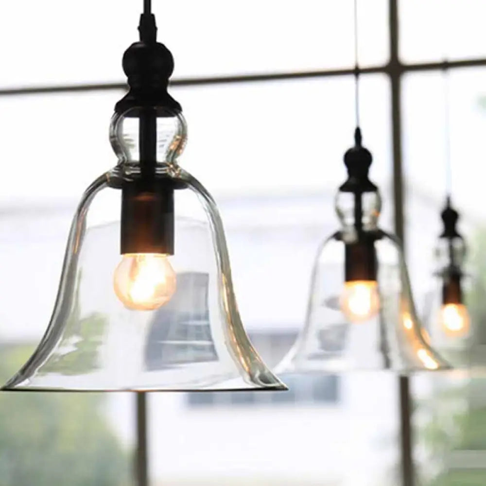 Lampa wisząca w kształcie dzwonu, czarna, przezroczyste szkło, industrialny design, oświetlenie sufitowe, oprawka E26 E27, do jadalni i kuchni | Sansoti