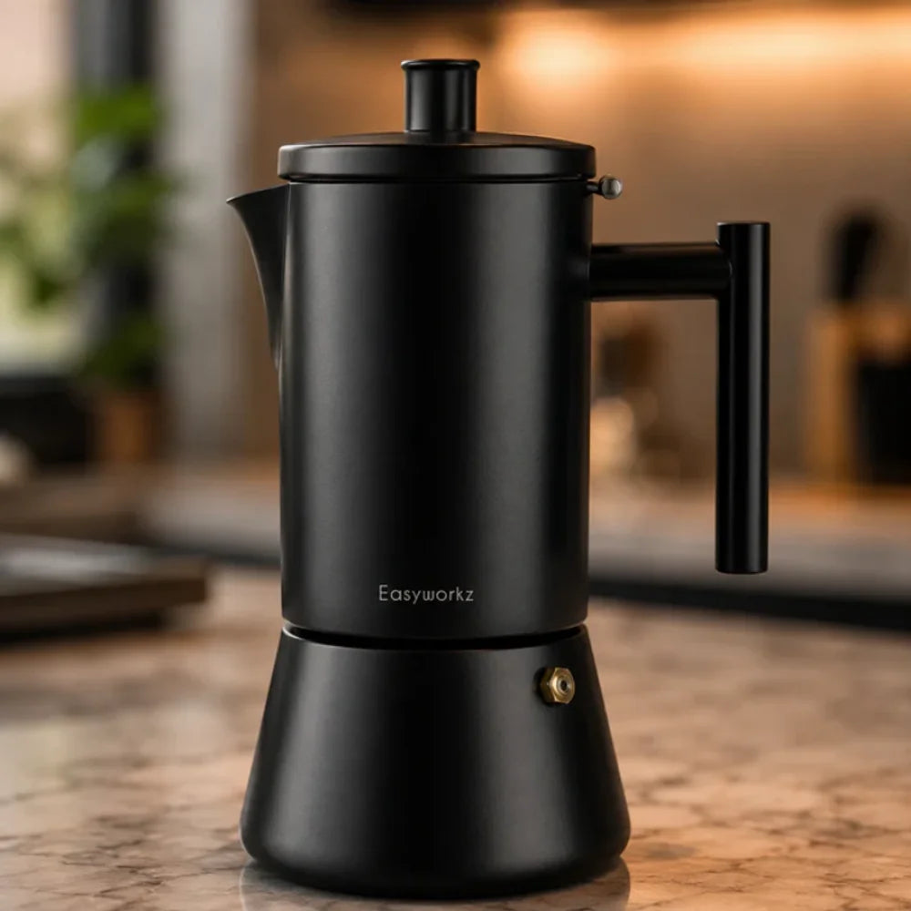 Schwarzer Edelstahl-Espressokocher 200–500 ml, induktionsgeeignet, Kaffeemaschine, italienischer Mokkakocher für Zuhause und Büro | Sansoti