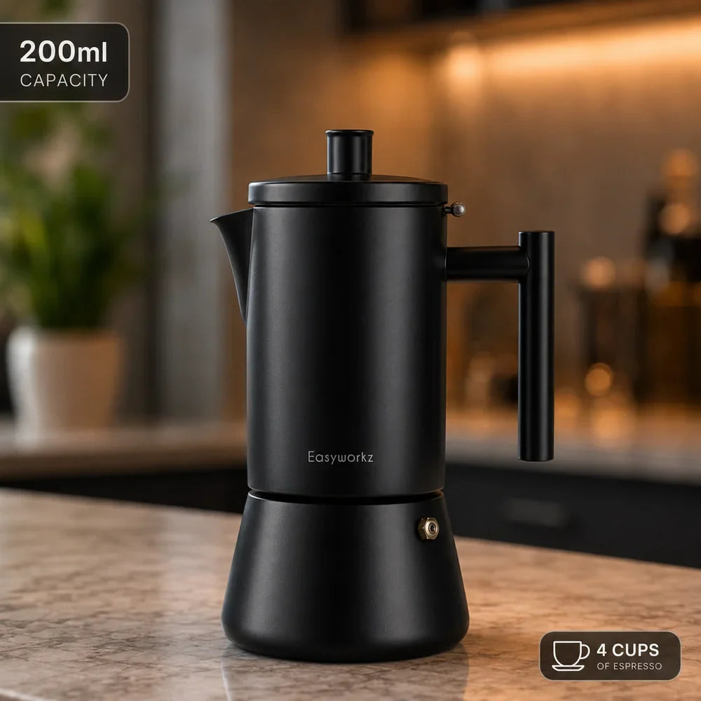 Percolateur à espresso noir en acier inoxydable, 200 à 500 ml, compatible avec l’induction, cafetière italienne moka pour la maison et le bureau | Sansoti