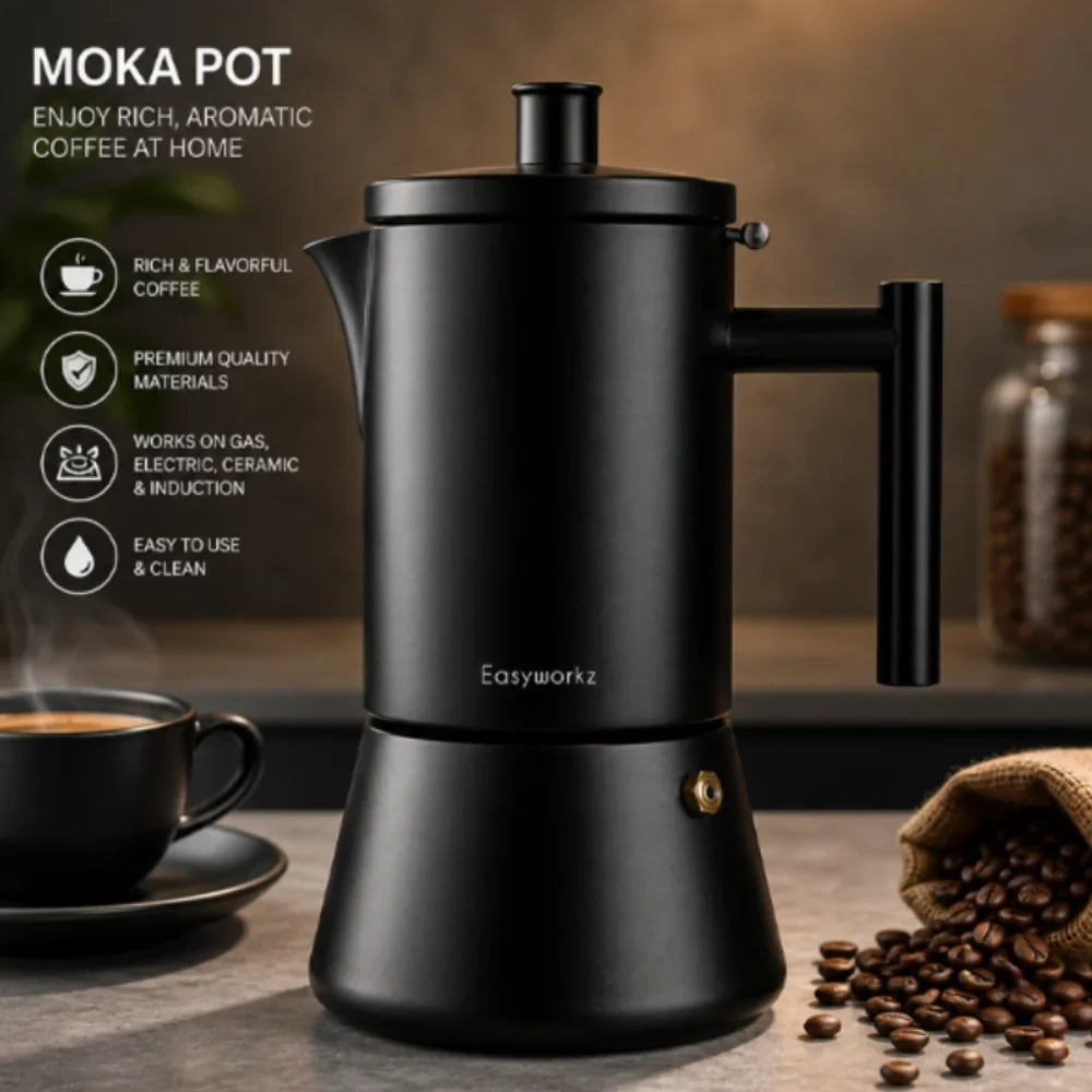 Percolateur à espresso noir en acier inoxydable, 200 à 500 ml, compatible avec l’induction, cafetière italienne moka pour la maison et le bureau | Sansoti