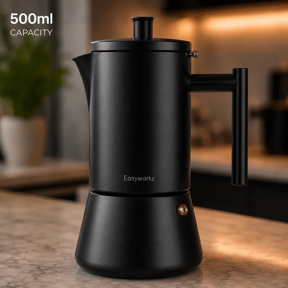 Percolateur à espresso noir en acier inoxydable, 200 à 500 ml, compatible avec l’induction, cafetière italienne moka pour la maison et le bureau | Sansoti