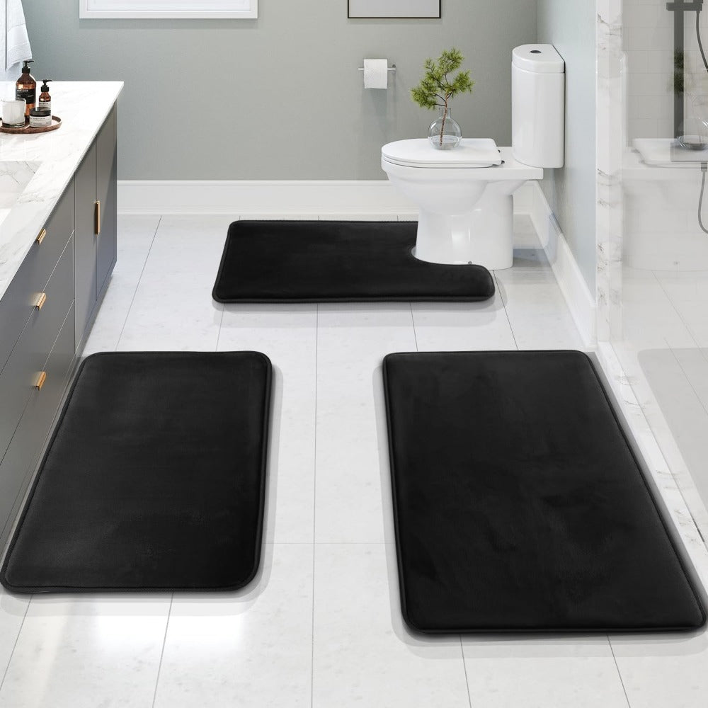 Badmat Set 3 Stuks Memory Foam Fluweel Grijs Antislip Badkamer Douche Toilet Matten Absorberend Zacht Wasbaar | Sansoti