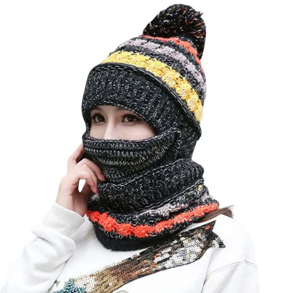 Knitted Hat and Scarf Set with Velvet Lining Removable Face Mask Winter Accessory Warm and Comfortable Women | Sansoti